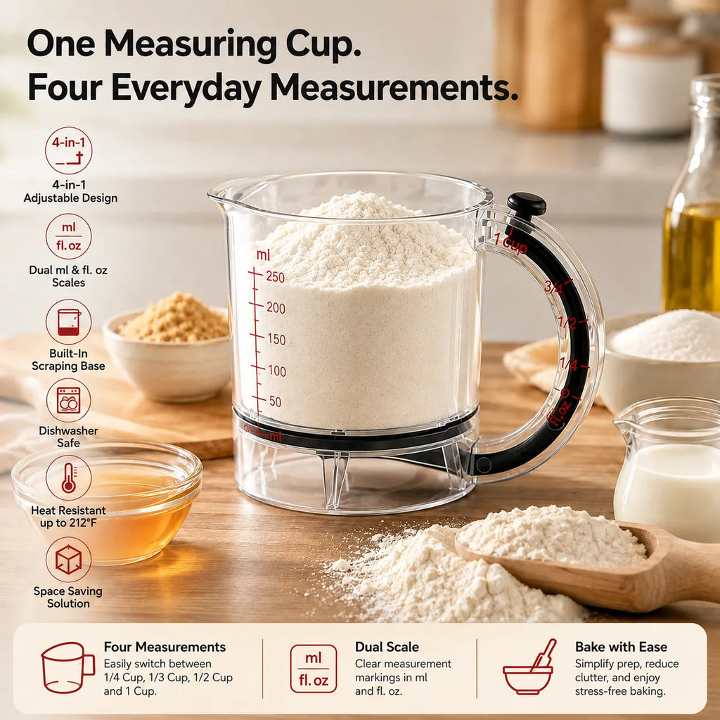 Adjustable 4-in-1 Measuring Cup with Dual Scale